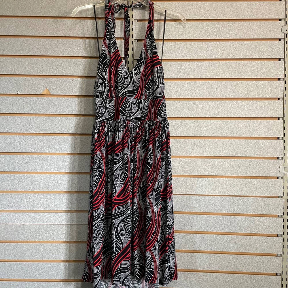 Womens Black Red White Leaf Print Halter Maxi Dress Summer Beach Vacation Large